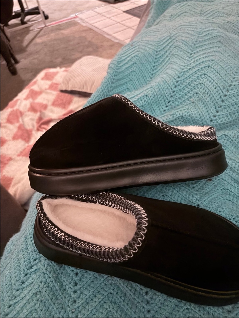 SHEIN Black Faux-Suede Slip-On Clog Mules with White Stitching